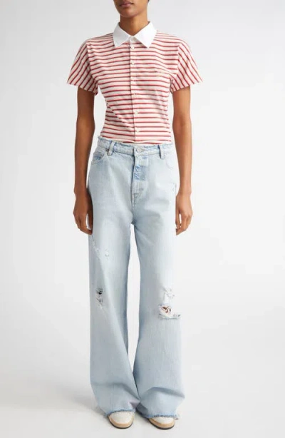 Golden Goose Natalia Slim Fit Striped Cotton Polo Shirt In Papyrus/haute Red