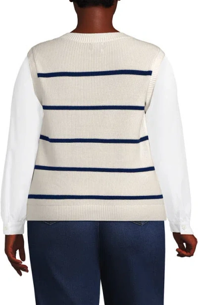 Lands' End Plus Size Drifter Shaker Button Shoulder Sweater Vest With Poplin Sleeves In Fresh Ivory/navy Stripe