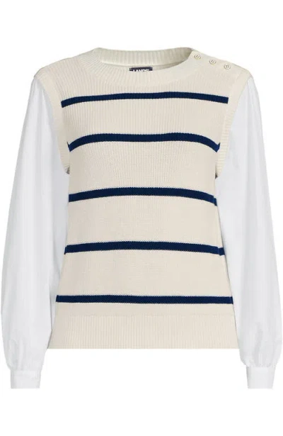 Lands' End Plus Size Drifter Shaker Button Shoulder Sweater Vest With Poplin Sleeves In Fresh Ivory/navy Stripe
