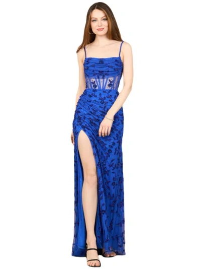 Lara New York Beaded Corset Gown With Slit In Blue