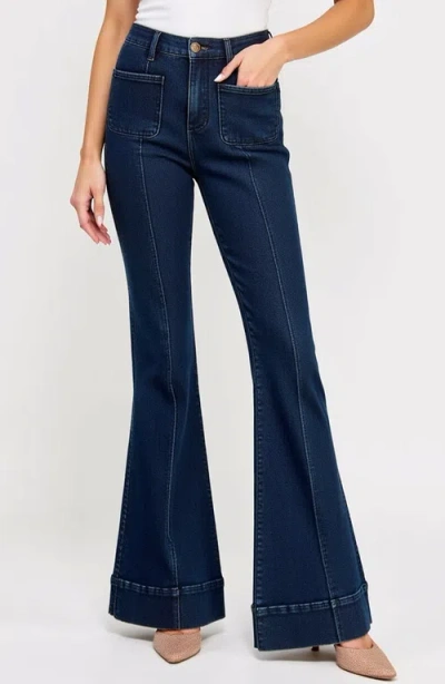 Modenaire High Waist Flare Jeans With Cuffed Hem And Front Patch Pockets In Dark Wash Blue
