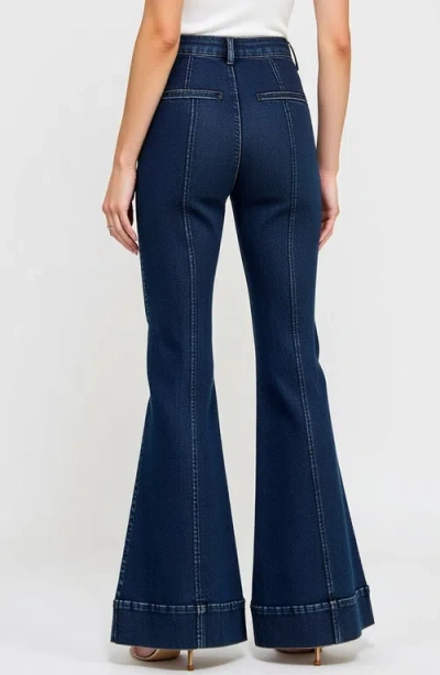 Modenaire High Waist Flare Jeans With Cuffed Hem And Front Patch Pockets In Dark Wash Blue