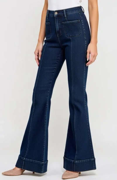 Modenaire High Waist Flare Jeans With Cuffed Hem And Front Patch Pockets In Dark Wash Blue