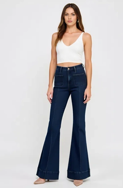 Modenaire High Waist Flare Jeans With Cuffed Hem And Front Patch Pockets In Dark Wash Blue