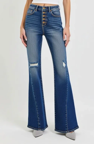 Modenaire High Rise Flare Jeans With Button Fly And Distressed Detail In Deep Indigo