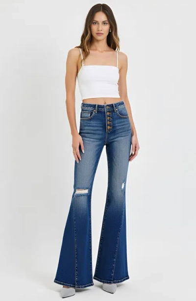 Modenaire High Rise Flare Jeans With Button Fly And Distressed Detail In Deep Indigo