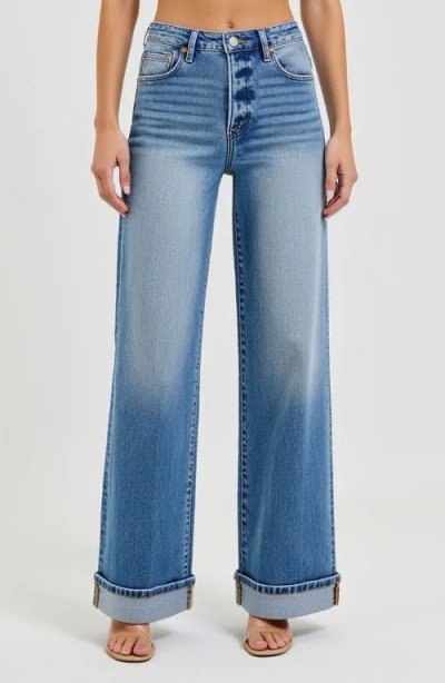 Modenaire Wide Leg Button-fly Cuffed Jeans With Front Patch Pockets In Medium-dark Wash