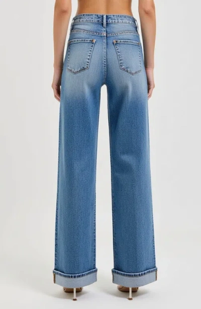 Modenaire Wide Leg Button-fly Cuffed Jeans With Front Patch Pockets In Medium-dark Wash