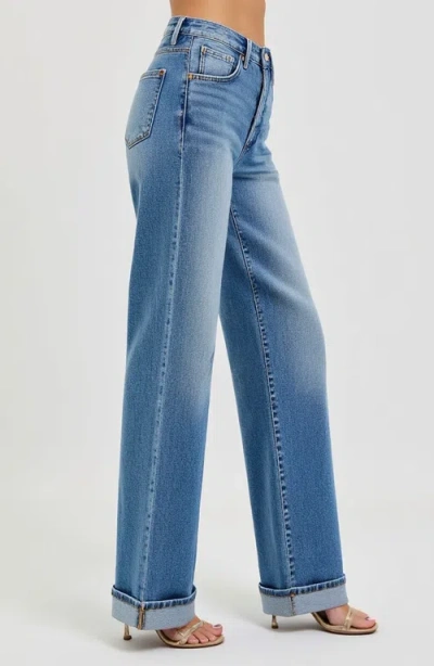 Modenaire Wide Leg Button-fly Cuffed Jeans With Front Patch Pockets In Medium-dark Wash