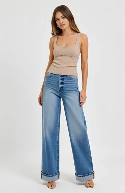 Modenaire Wide Leg Button-fly Cuffed Jeans With Front Patch Pockets In Medium-dark Wash