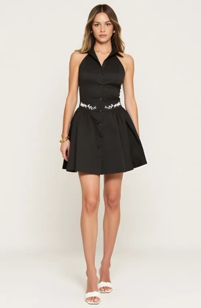Modenaire Embroidered Waist Button-front Halter Mini Dress With Smocked Open Back In Black