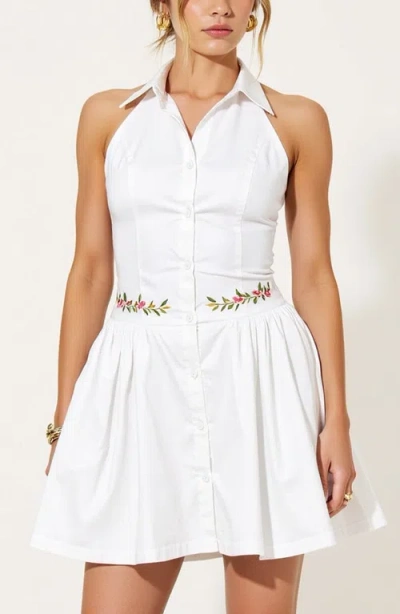 Modenaire Embroidered Waist Button-front Halter Mini Dress With Smocked Open Back In White