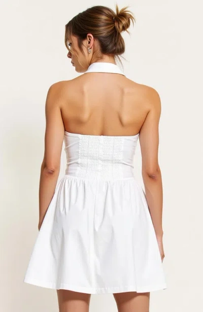 Modenaire Embroidered Waist Button-front Halter Mini Dress With Smocked Open Back In White