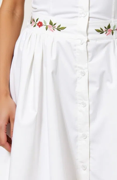 Modenaire Embroidered Waist Button-front Halter Mini Dress With Smocked Open Back In White