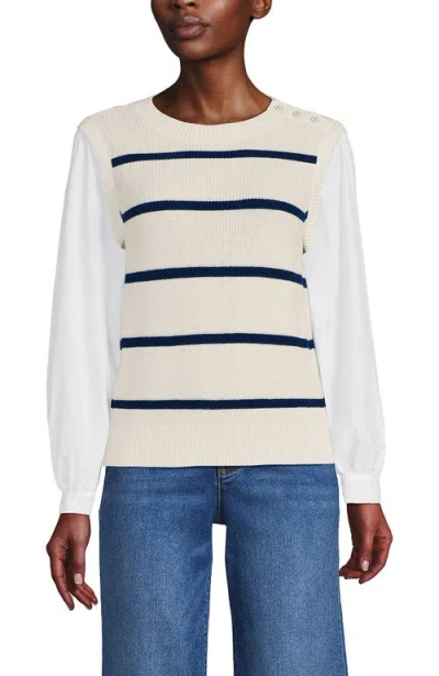 Lands' End Plus Size Drifter Shaker Button Shoulder Sweater Vest With Poplin Sleeves In Fresh Ivory/navy Stripe