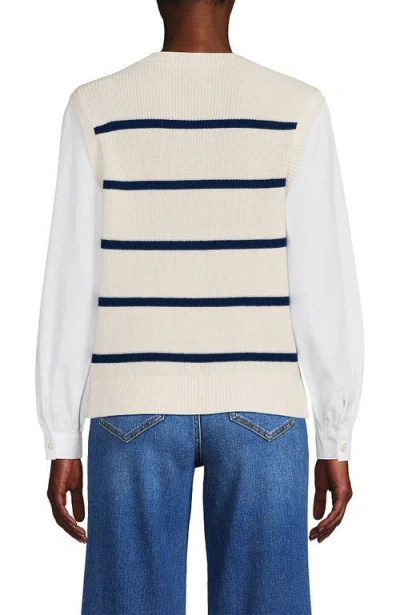 Lands' End Plus Size Drifter Shaker Button Shoulder Sweater Vest With Poplin Sleeves In Fresh Ivory/navy Stripe