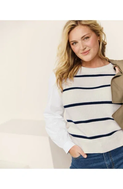 Lands' End Plus Size Drifter Shaker Button Shoulder Sweater Vest With Poplin Sleeves In Fresh Ivory/navy Stripe