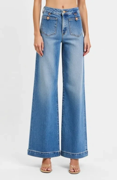 Modenaire High Waist Wide-leg Jeans With Buttoned Patch Pockets And Rolled Hem In Light Blue