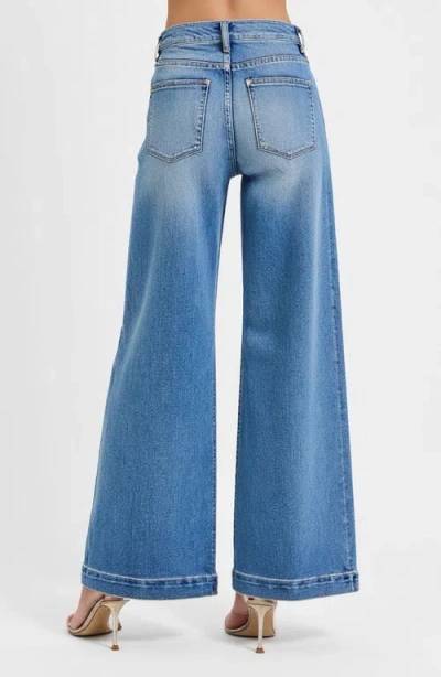 Modenaire High Waist Wide-leg Jeans With Buttoned Patch Pockets And Rolled Hem In Light Blue
