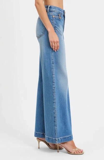 Modenaire High Waist Wide-leg Jeans With Buttoned Patch Pockets And Rolled Hem In Light Blue