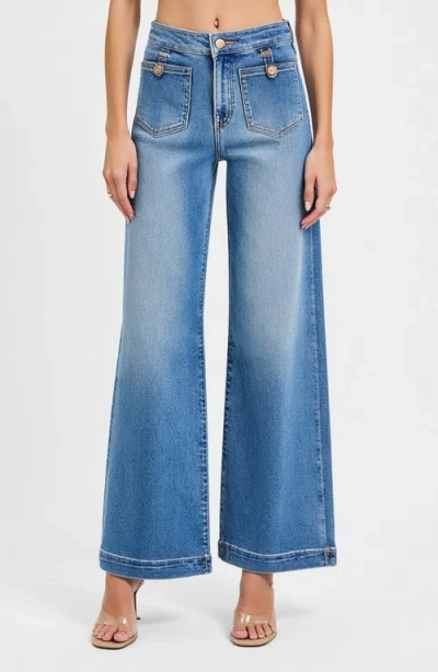 Modenaire High Waist Wide-leg Jeans With Buttoned Patch Pockets And Rolled Hem In Light Blue