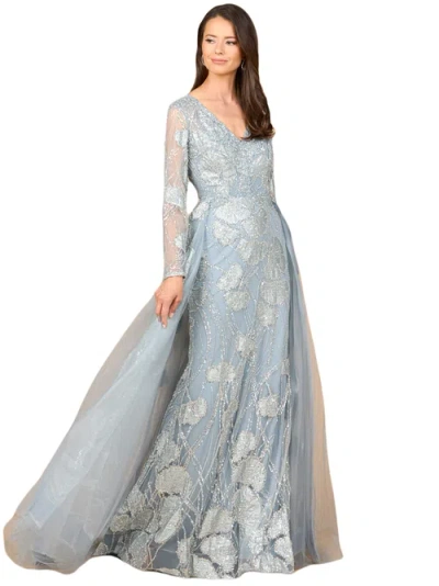 Lara New York Long Sleeve Lace Gown With Overskirt In Silver