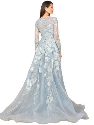 Lara New York Long Sleeve Lace Gown With Overskirt In Silver