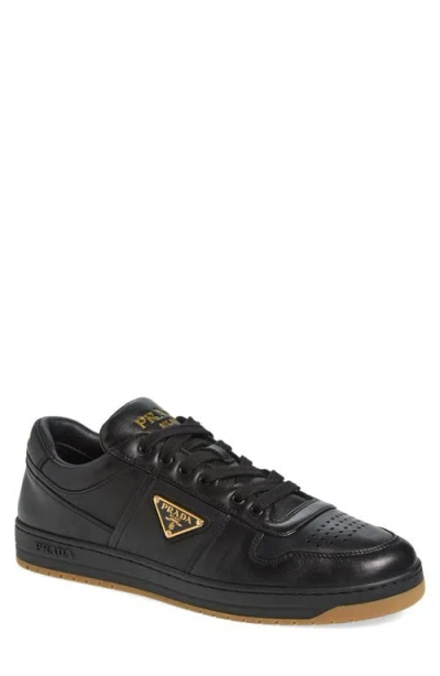 Prada Enamel-triangle Leather Sneakers In Nero