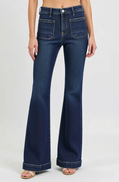 Modenaire High Waist Flare Jeans With Cuffed Hem And Front Patch Pockets In Dark Indigo