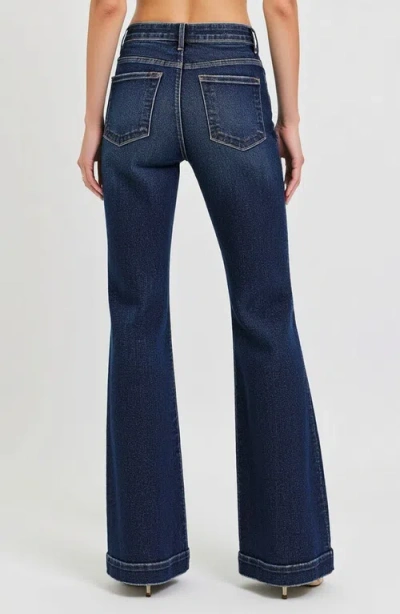 Modenaire High Waist Flare Jeans With Cuffed Hem And Front Patch Pockets In Dark Indigo