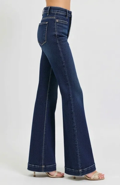 Modenaire High Waist Flare Jeans With Cuffed Hem And Front Patch Pockets In Dark Indigo