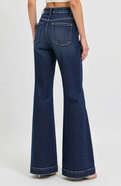 Modenaire High Waist Flare Jeans With Cuffed Hem And Front Patch Pockets In Dark Indigo