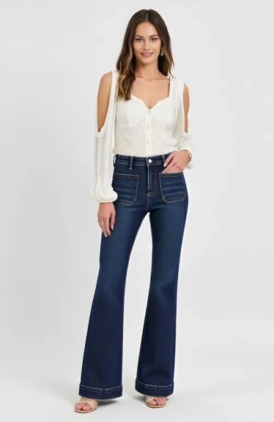 Modenaire High Waist Flare Jeans With Cuffed Hem And Front Patch Pockets In Dark Indigo