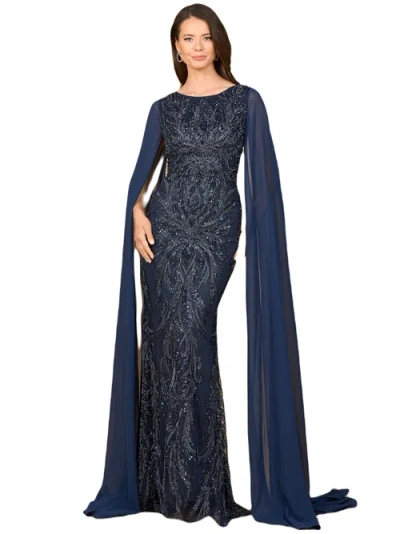 Lara New York High Neck Gown With Chiffon Cape Sleeves In Navy