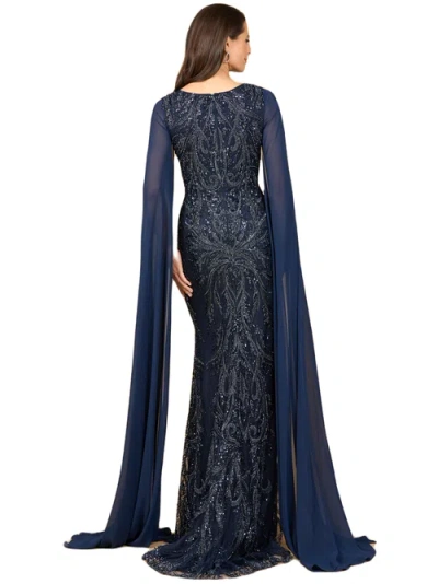 Lara New York High Neck Gown With Chiffon Cape Sleeves In Navy