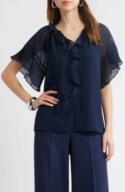 Kobi Halperin Ruffle Flutter Sleeve Chiffon Top In Navy