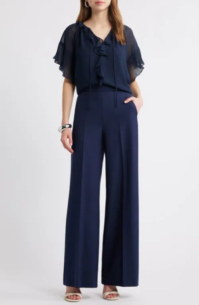 Kobi Halperin Ruffle Flutter Sleeve Chiffon Top In Navy