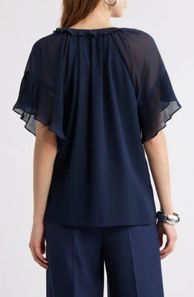Kobi Halperin Ruffle Flutter Sleeve Chiffon Top In Navy