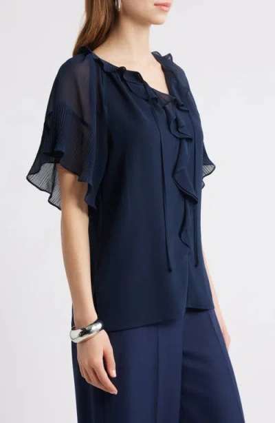 Kobi Halperin Ruffle Flutter Sleeve Chiffon Top In Navy