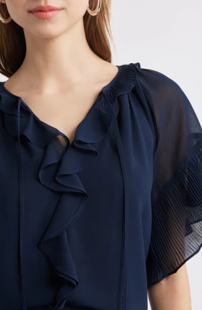 Kobi Halperin Ruffle Flutter Sleeve Chiffon Top In Navy