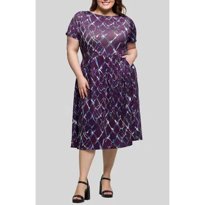 24seven Comfort Apparel Plus Size Print Short Sleeve Pleated Flare Midi Pocket Dress In Purple