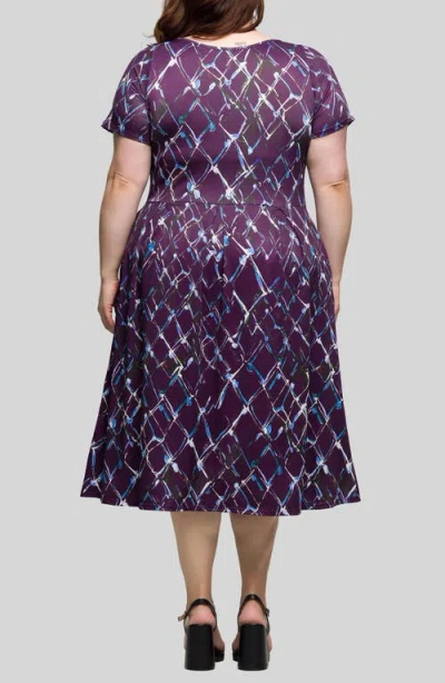 24seven Comfort Apparel Plus Size Print Short Sleeve Pleated Flare Midi Pocket Dress In Purple