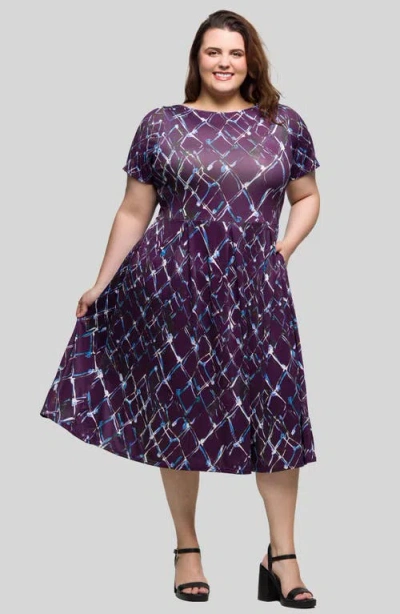 24seven Comfort Apparel Plus Size Print Short Sleeve Pleated Flare Midi Pocket Dress In Purple