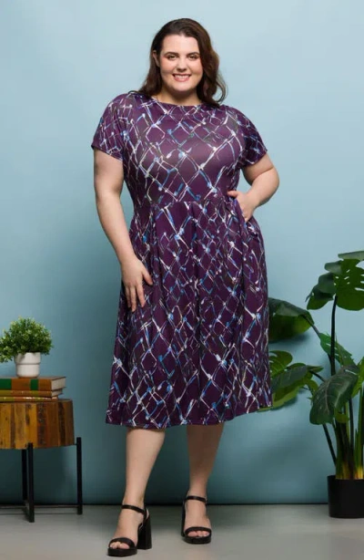 24seven Comfort Apparel Plus Size Print Short Sleeve Pleated Flare Midi Pocket Dress In Purple