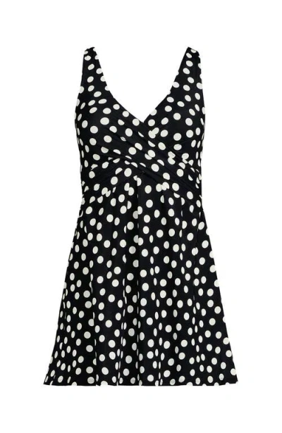 Lands' End Slendersuit V-neck Wrap Swim Dress One Piece Swimsuit Adjustable Straps In Black/egret White Tossed Dots