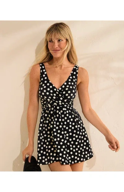 Lands' End Slendersuit V-neck Wrap Swim Dress One Piece Swimsuit Adjustable Straps In Black/egret White Tossed Dots