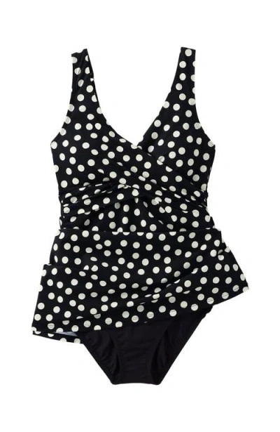 Lands' End Slendersuit V-neck Wrap Swim Dress One Piece Swimsuit Adjustable Straps In Black/egret White Tossed Dots