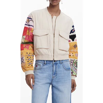 Desigual Patchwork-sleeve Bomber Jacket In White