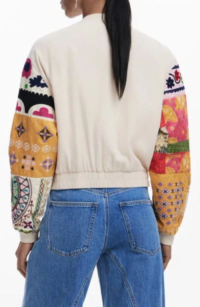 Desigual Patchwork-sleeve Bomber Jacket In White