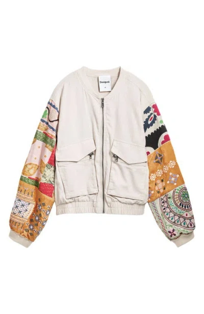Desigual Patchwork-sleeve Bomber Jacket In White